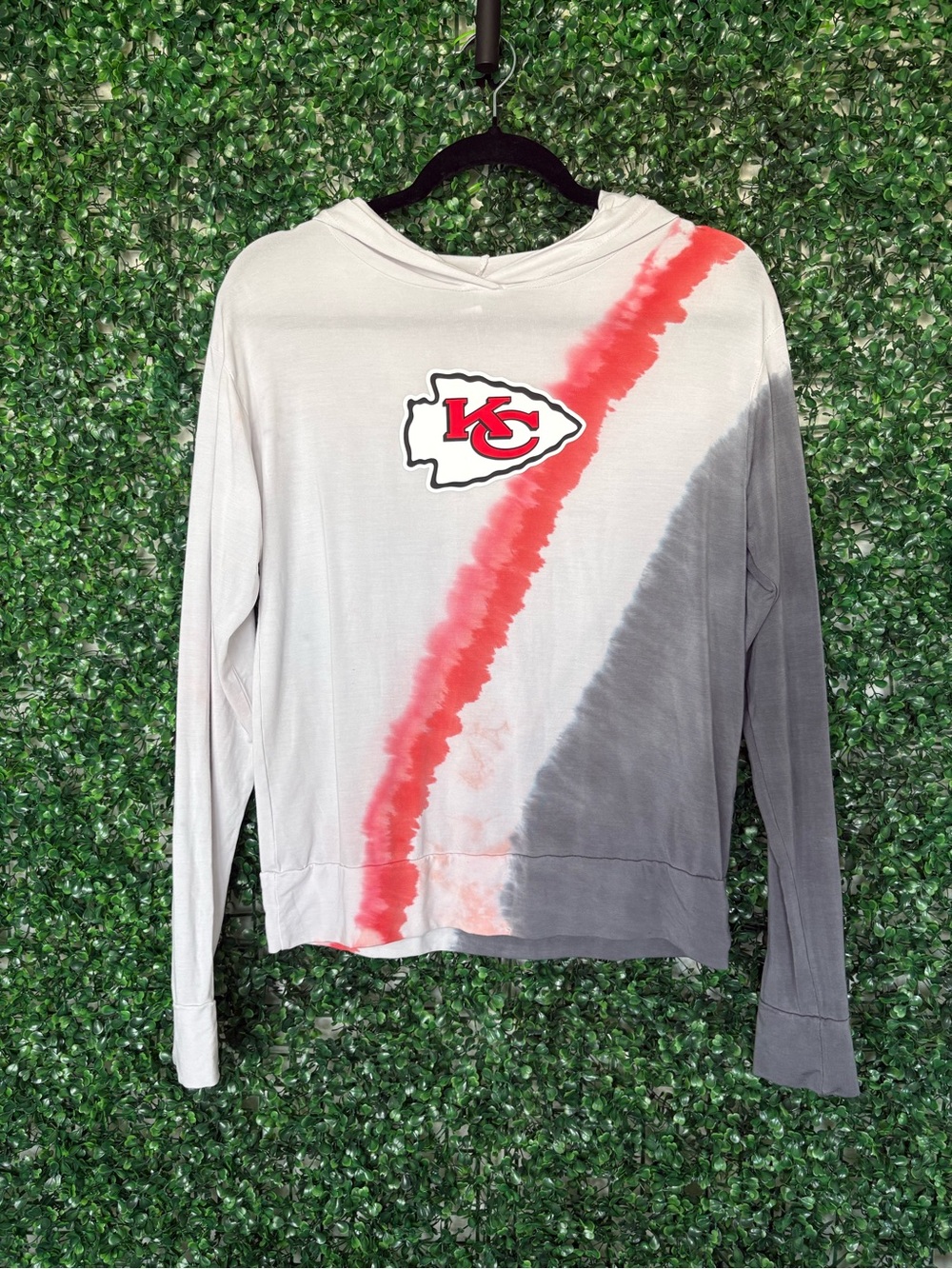 KC Chiefs Tie-Dye Long Sleeve lightweight Hoodie - Red & Gray with logo